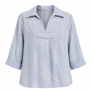 Vintage Lady Holiday Blue White Striped Tunic Blouse V-Neck 3/4‎ Sleeve Medium